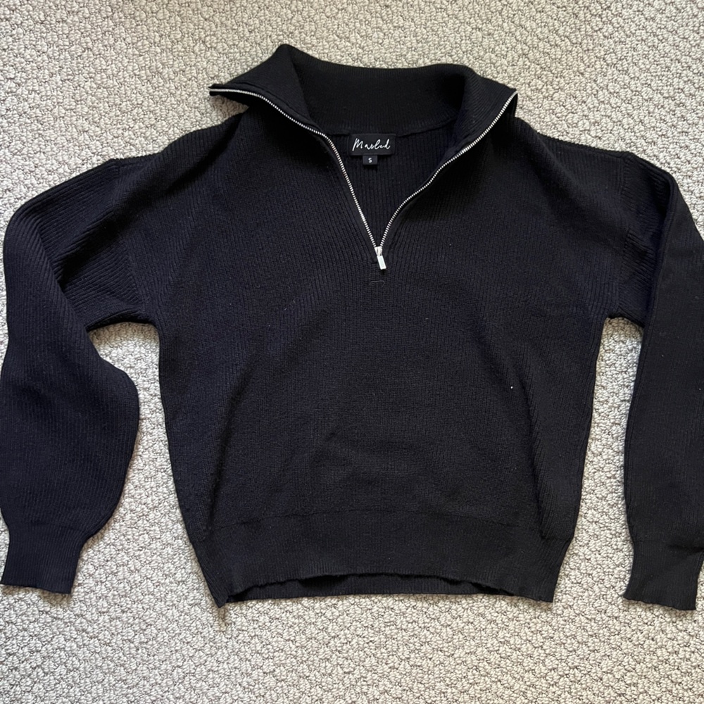 Women’s Knit Ribbed Black Turtle Neck Half Zip Pullover Sweater
